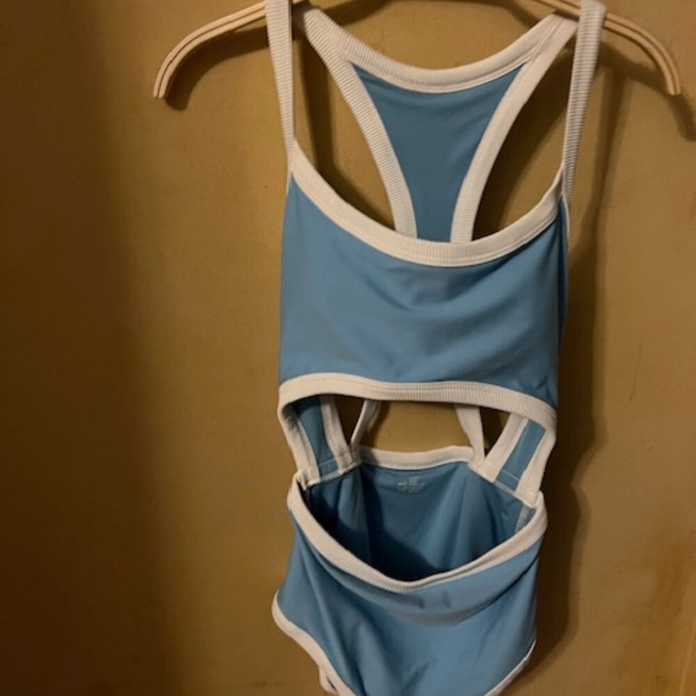 NEW Aerie swimsuit Blue white Edges, size Medium, Long One Piece Full Coverage